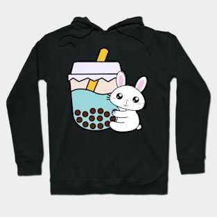 Cute Baby Rabbit Hugs Bubble Tea Kawaii Blue Boba Tea Hoodie